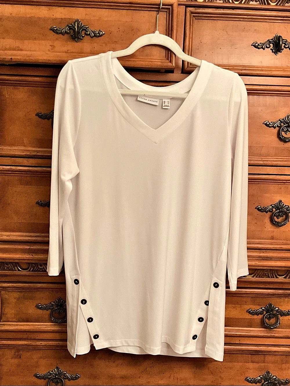 Susan Graver V-Neck Side-Button Tunic in Cream